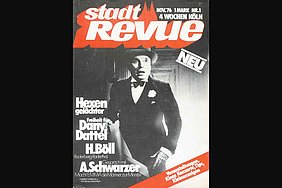 November 1976 Und hier kommt sie: Die erste Ausgabe der Stadtrevue erscheint pünktlich zum Monatsbeginn — und hat gerade mal 32 Seiten. Das große Binnen-R behalten wir die nächsten 43 Jahre bei. Die erste Ausgabe ist Lifestyle-orientiert und bietet politisch linken Mainstream: ein Interview mit Alice Schwarzer und den Nachdruck eines Textes von Heinrich Böll über Raderberg und Raderthal. 