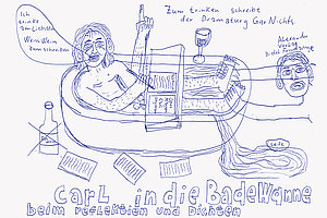 Mit Weißwein vom Verlag umsorgt: Carl Hegemann, Bild: Vegard Vinge