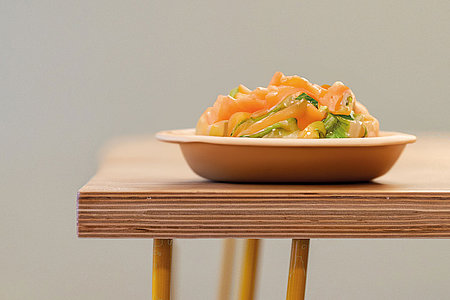 Fotos machen kann KI besser als kochen: Gericht mit Adobe Photoshop generiert, Suchwort »meal art«, Foto Tisch/Hintergrund: Yolk Coworking-Krakow, unsplash