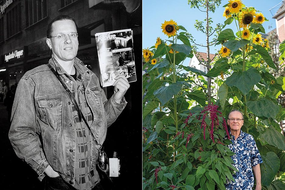 links: Walter Hoischen 1997 unterwegs als Handverkäufer. rechts: Walter Hoischen 2023 vor seinen Riesensonnenblumen in einer Straße in Sülz
