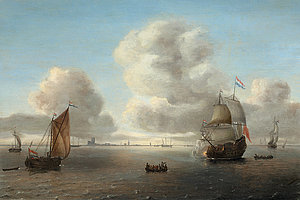 »Poesie der See« im Wallraf: Willem Hermansz van Diest, Schiffe und Boote vor der Küste von Dordrecht, 1650er Jahre, Öl auf Eichenholz, Privatsammlung, Köln