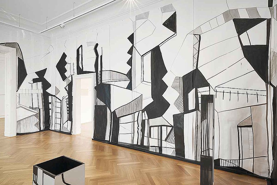 Raumzeichnung für die Villa Zanders, 2026, Tusche und Acryl auf Papier, Sockel aus Holz, Stuhl und Hocker © VG Bild-Kunst, Bonn 2026, Foto: Mareike Tocha