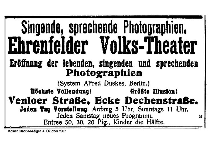 Anzeige aus dem Kölner Stadtanzeiger vom 4. Oktober 1907