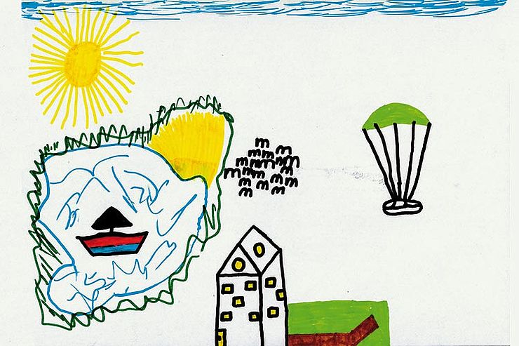 »Ich möchte in den ­Sommerferien in ein schöneres Haus ziehen. Vielleicht bringt uns  das Ufo mit dem Fallschirm dorthin?«  (Jonas, 8 Jahre)