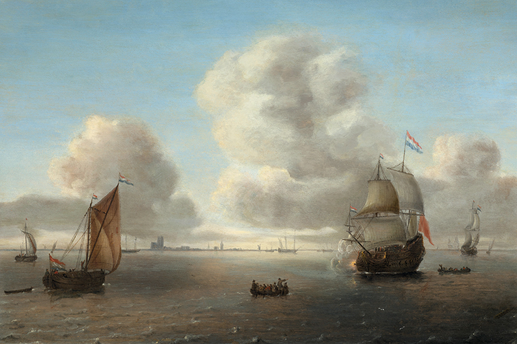 »Poesie der See« im Wallraf: Willem Hermansz van Diest, Schiffe und Boote vor der Küste von Dordrecht, 1650er Jahre, Öl auf Eichenholz, Privatsammlung, Köln