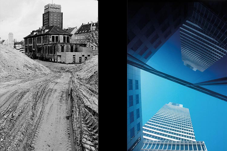 Foto: Manfred Wegener / Stadtrevue Zeitsprung: Der Güterbahnhof Gereon wird zum Mediapark (links, 1990), der Blick auf den Kölnturm (rechts, 2010)