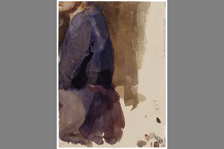 Sitzende Frau im Profil von links, ange­schnitten, um 1890, Aquarell auf gelblichem Zeichenkarton, Rückseite von NT 22  © Käthe Kollwitz Museum Köln