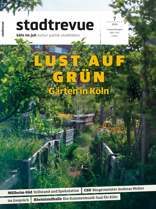 Das aktuelle Cover der Stadtrevue Köln, Titelthema: Lust auf Grün — Gärten in Köln